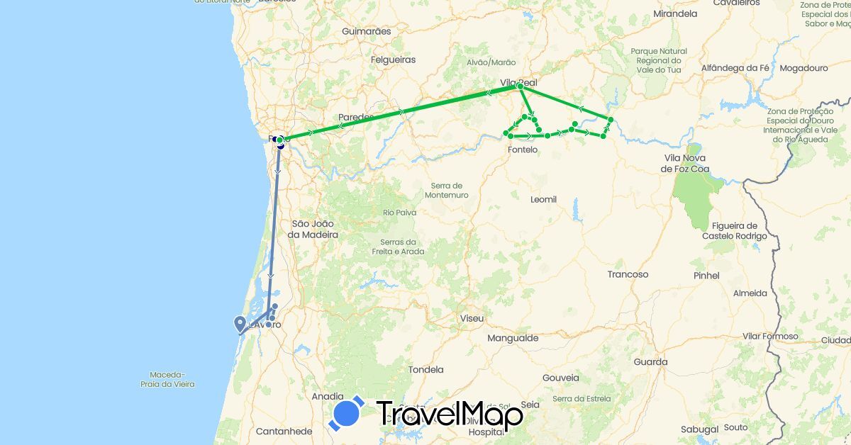 TravelMap itinerary: driving, bus, cycling in Portugal (Europe)